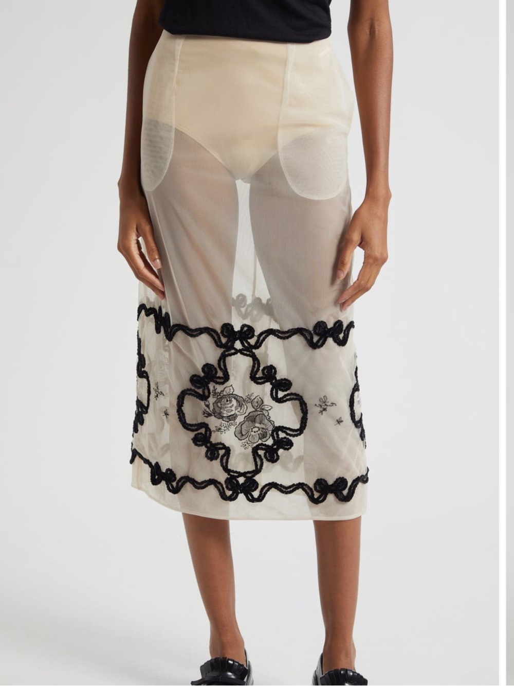 Simone Rocha Sheer Midi Skirt with Black Embroidered Appliqué